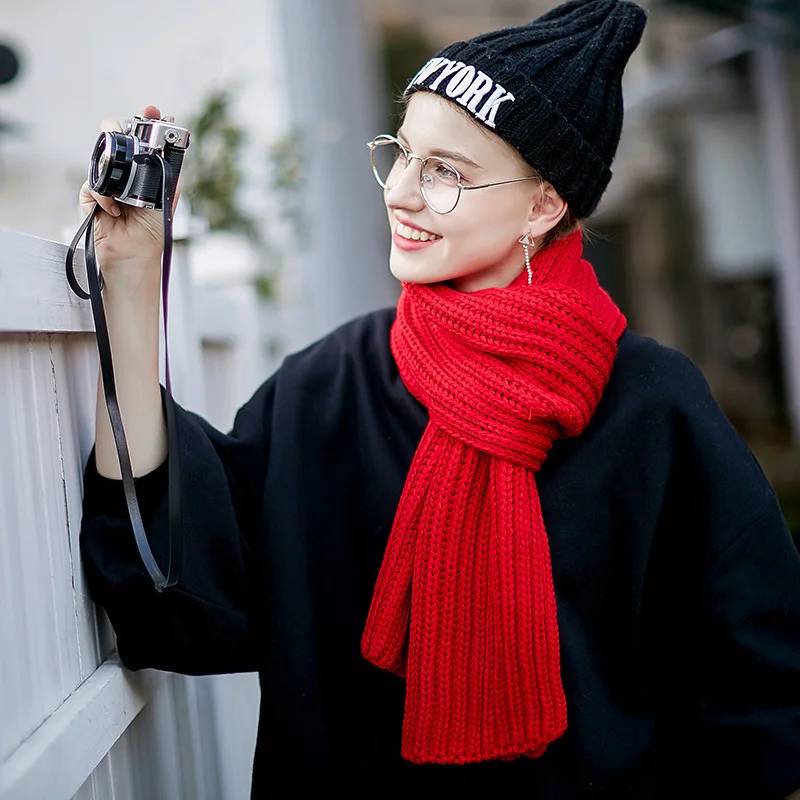 

2019 Winter Spring Autumn Women Knitted Scarf Men Kintted Wool Ladies Kint Scarves Girls Neck Scarf Solid Female Girl Scarfs