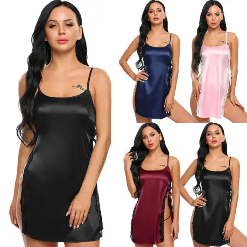 Новейшее сексуальное женское белье Шелковый кружевной халат платье на шнуровке