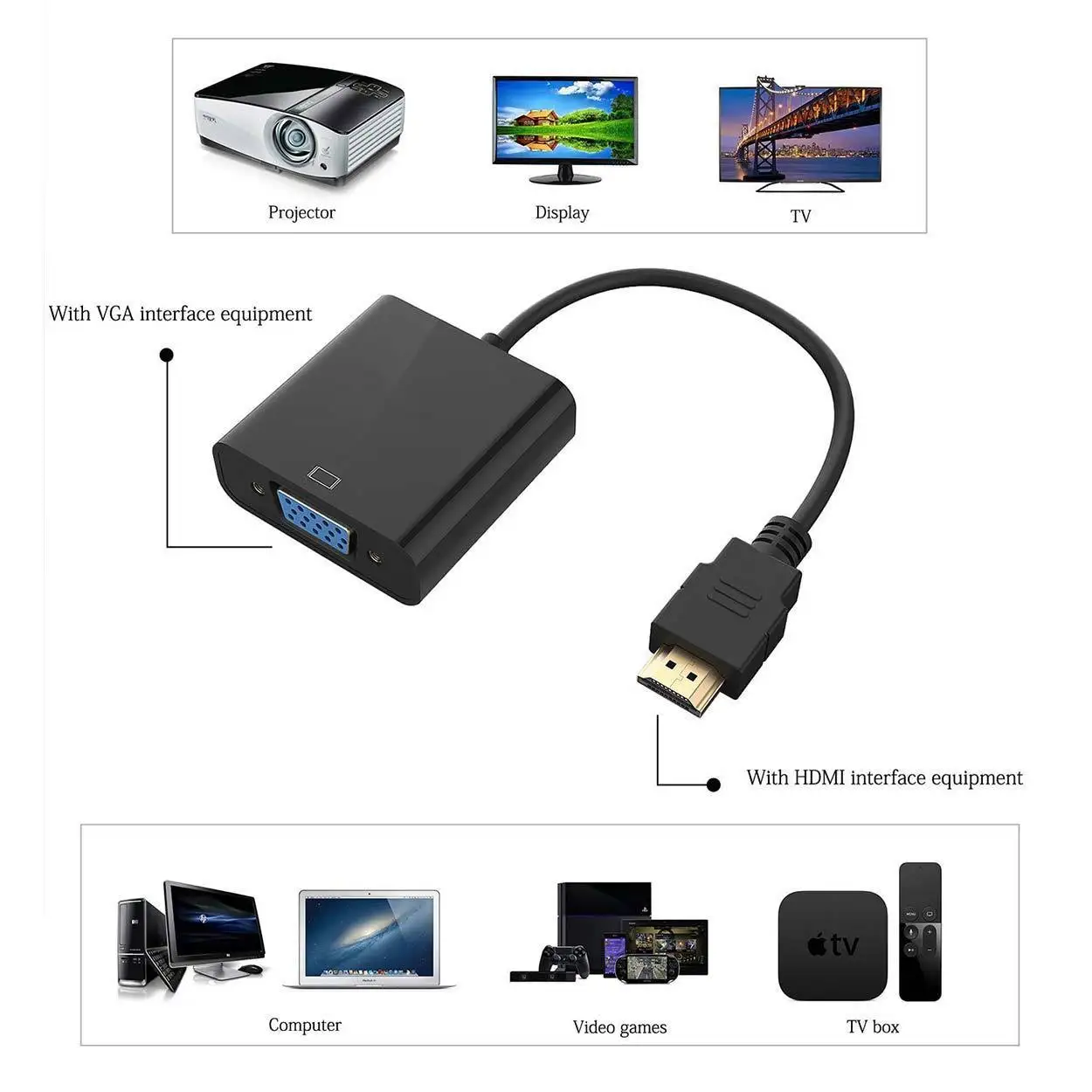 Переходник с HDMI штекер на VGA RGB гнездо видео преобразователь адаптер 1080P для ПК