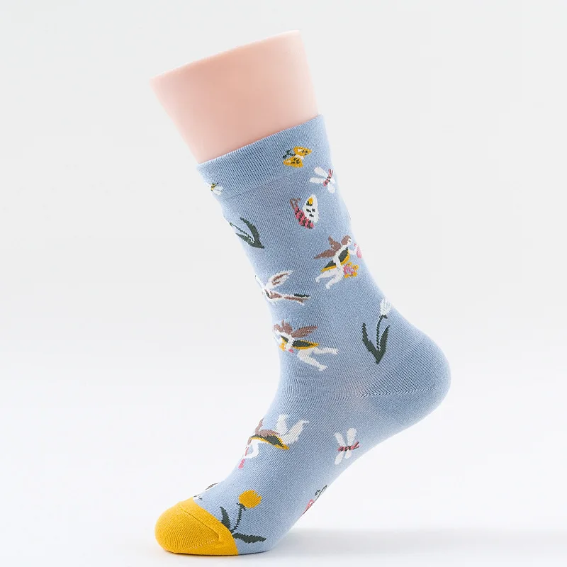 PEONFLY Kawaii милые женские носки Забавные кремовые цветные Skarpetki с ангелом цветочным