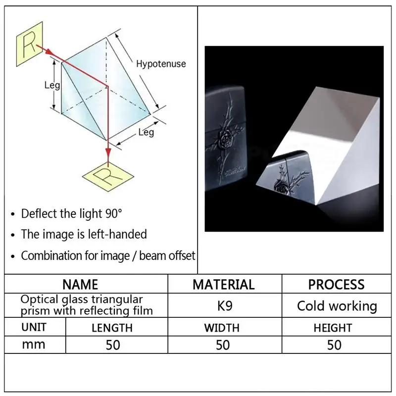 50x50x50mm Optical Glass Triangular Lsosceles K9 Prism With Reflecting Film | Канцтовары для офиса и дома