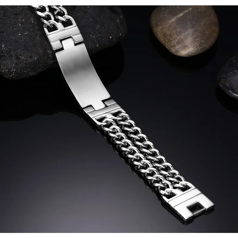 

Double Chains Blank ID Mens Stainless Steel Bracelet Personalized Punk Cuba Link Bold And Chunky Jewelry