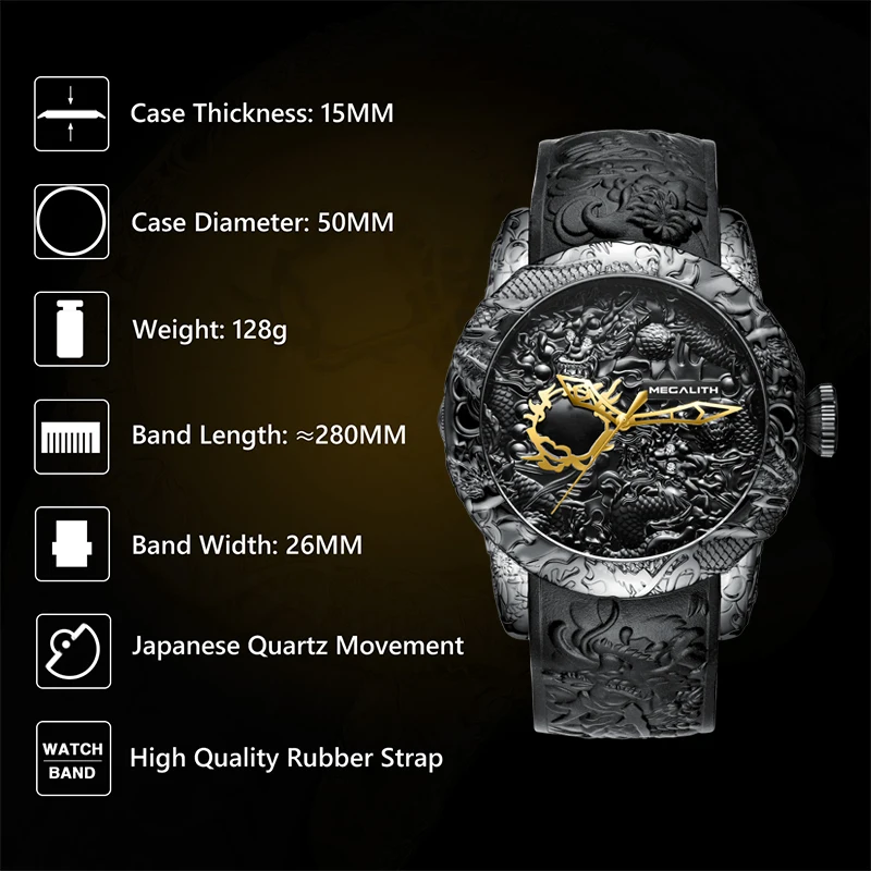 MEGALITH часы для мужчин Montre Скульптура Дракон резиновый ремешок кварцевые большой