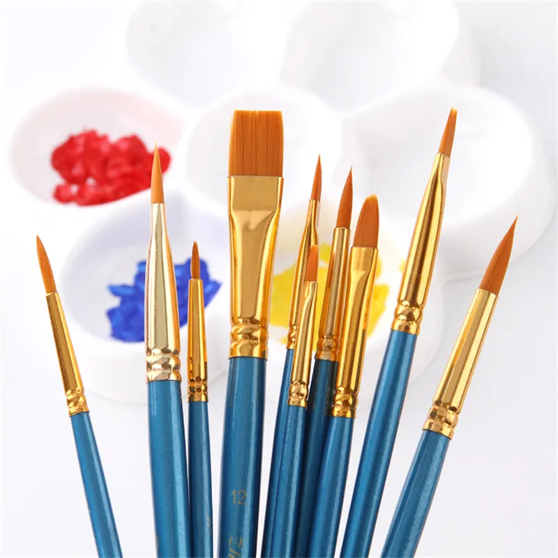 10Pcs Watercolor Gouache Paint Brushes Different Shape Round Pointed Tip Nylon Hair Painting Brush Set Drawing Art Supplies | Канцтовары