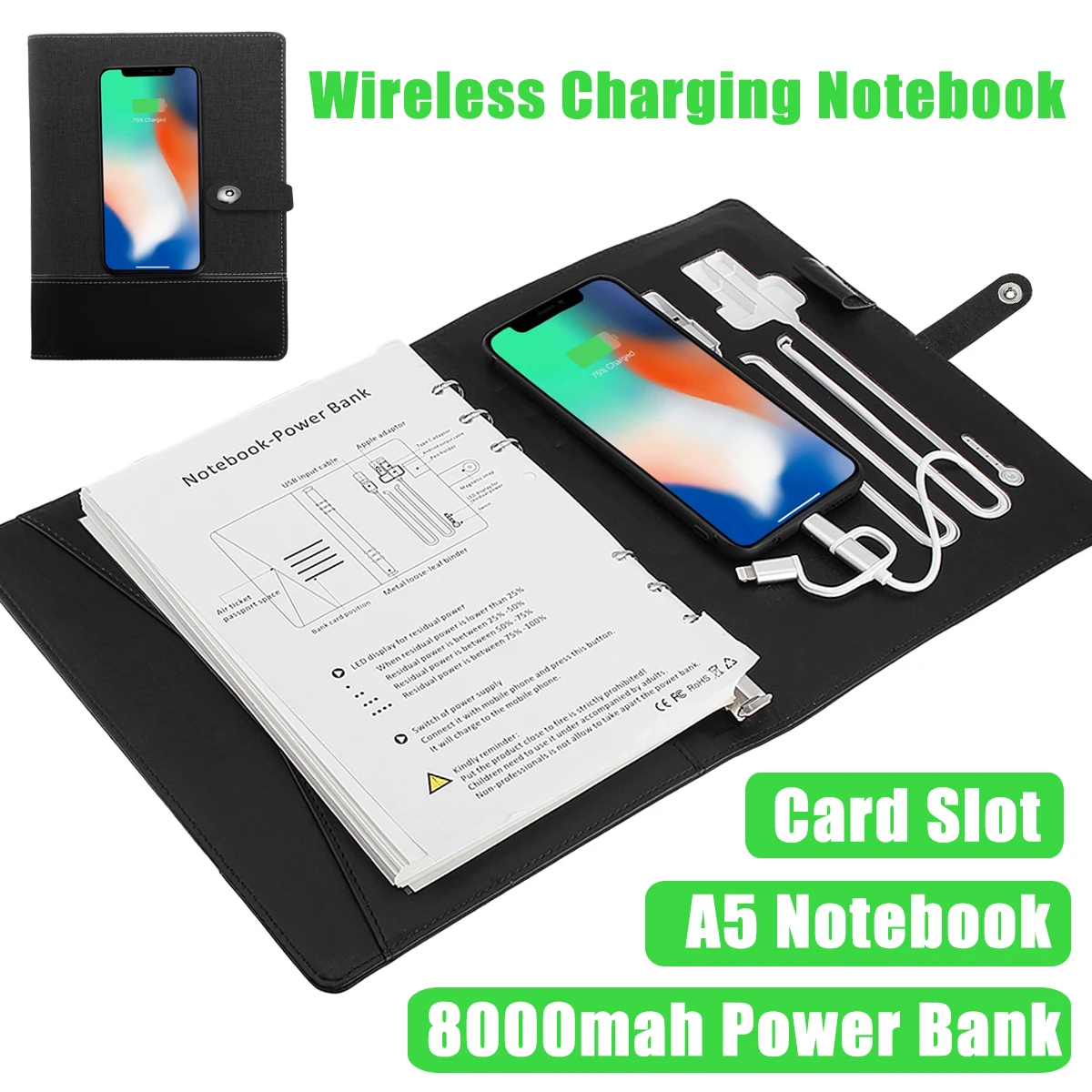 Многофункциональная книга для деловых записей A5 Power Book внешний аккумулятор 8000