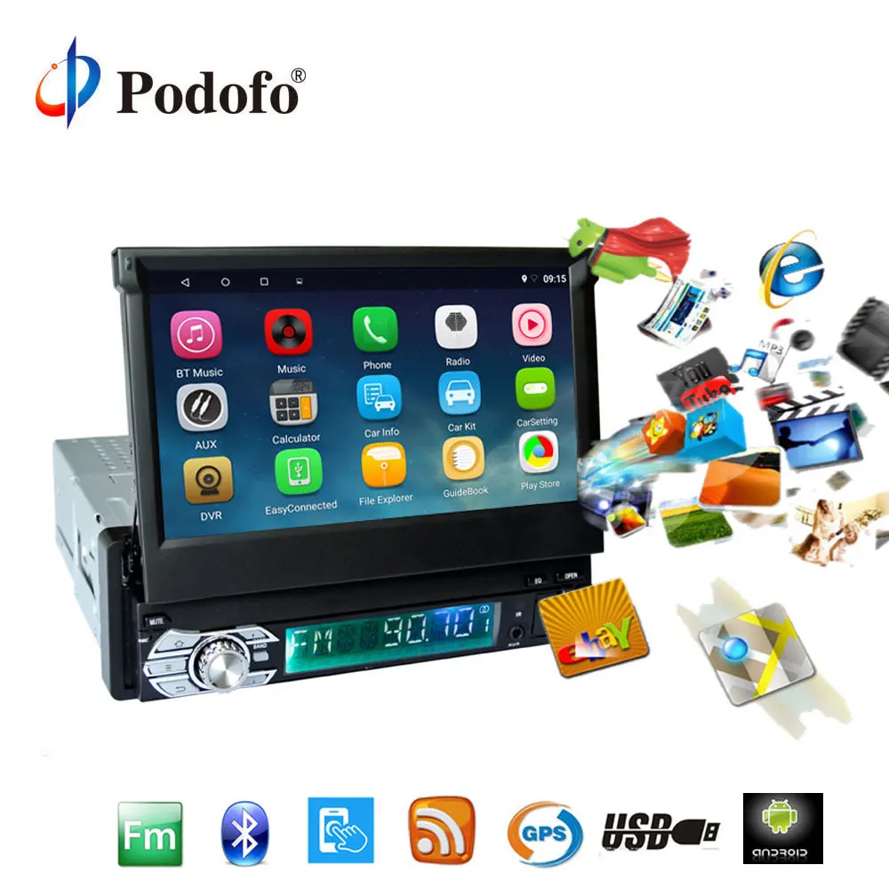 Podofo 1din Android автомобильный радиоприемник стерео 7 ''Выдвижной емкостный