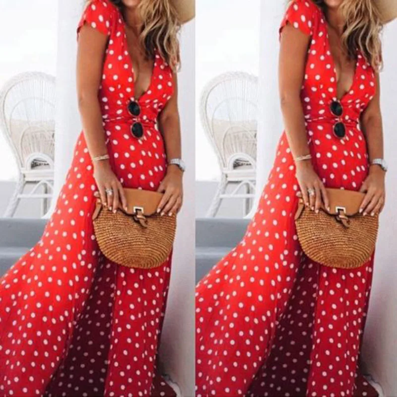 Женское длинное пляжное платье в горошек стиле бохо Вечернее Платье макси с v