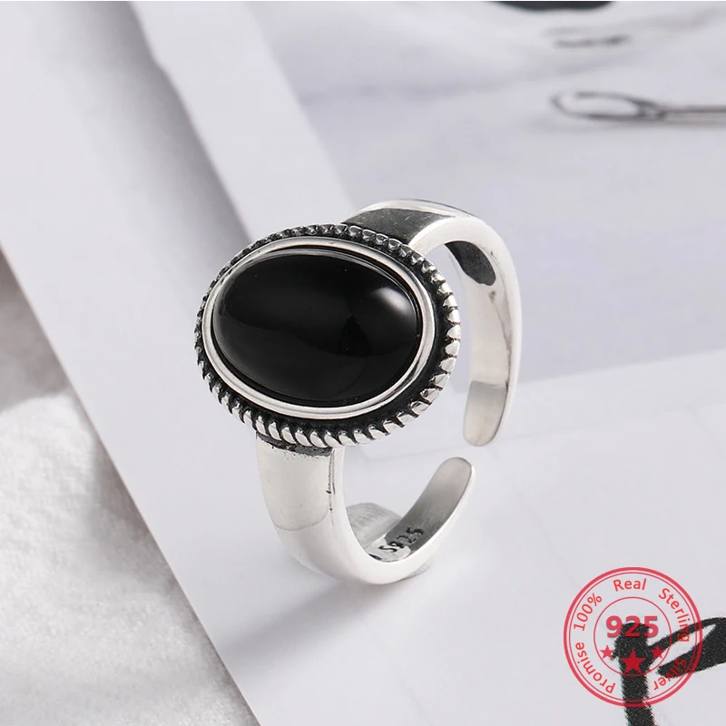 

Korea Hot Style 925 Sterling Silver Simple Retro Concise Big Black Agate Open Ring Women Jewelry