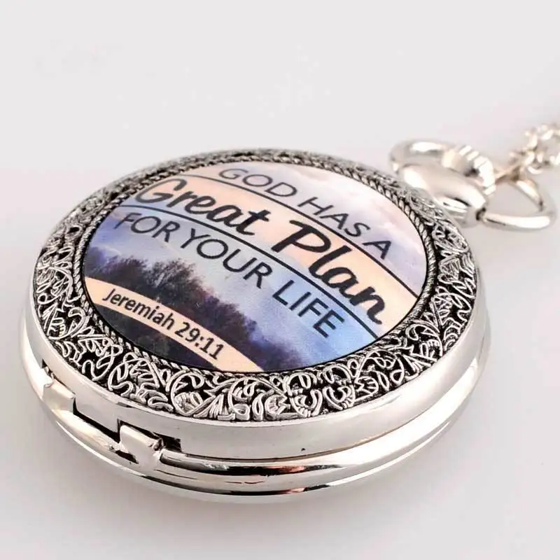 

IBEINA Silver Color God Has A Plan Theme Full Hunter Quartz Engraved Fob Retro Pendant Pocket Watch Chain Gift