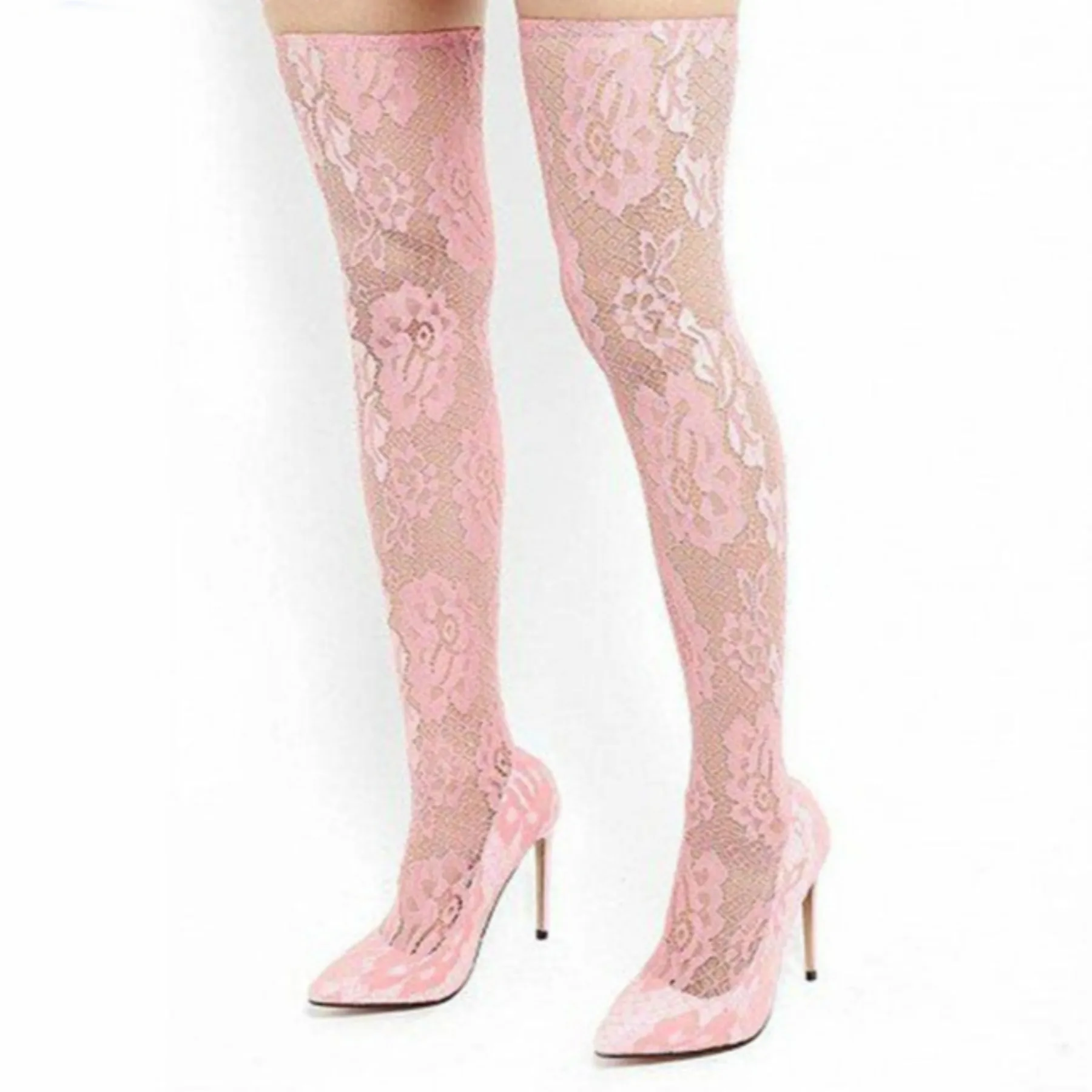 

Pink Lace Stretch Women Over Knee Boots Pointed Toe Stilettos Sexy Ladies Party Shoes 2019 Spring Autumn High Heels Long Booties