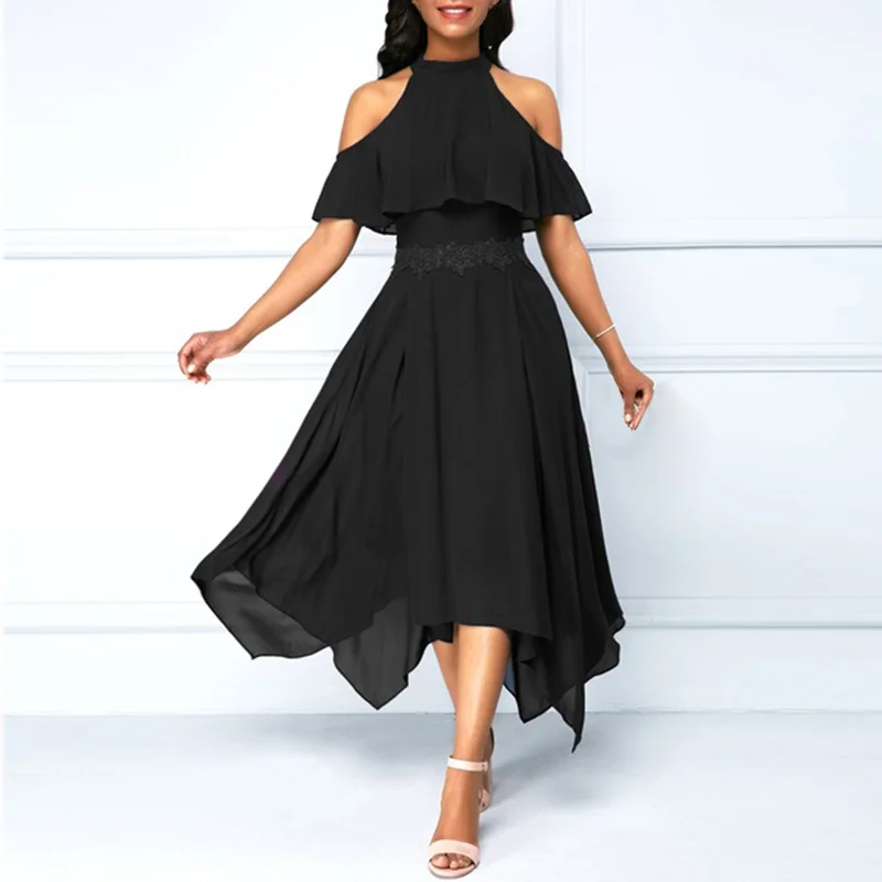 Шифоновое коктейльное платье с лямкой на шее женское вечернее коротким рукавом