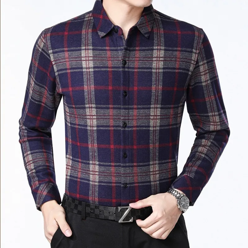 Зимние мужские рубашки в клетку с длинным рукавом camisa masculina теплая рубашка
