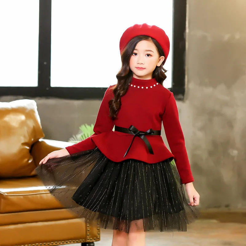 Kids Girls Warm Dress 2019 Autumn Winter New Princess Velvet Dresses Long Sleeve Red Black Mesh Knee Party Frocks 6 8 10 12 yrs | Детская