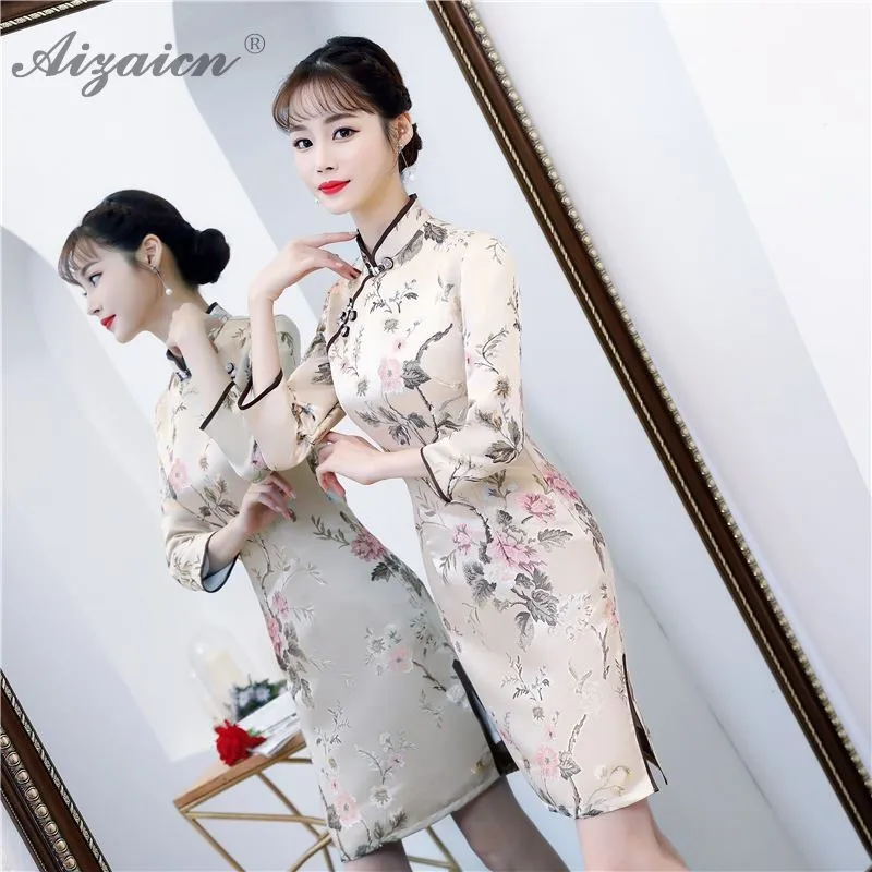 Зима Cheongsam Katoen девушка с длинным рукавом в китайском стиле Стиль платье Ципао из