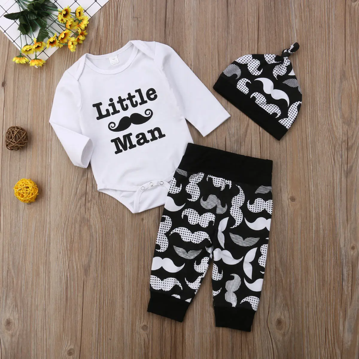 3Pcs Newborn Baby Boy Clothes Long Sleeve Little Man Romper Jumpsuit +Mustache Printed Pants Leggings +Hat Outfits Set |