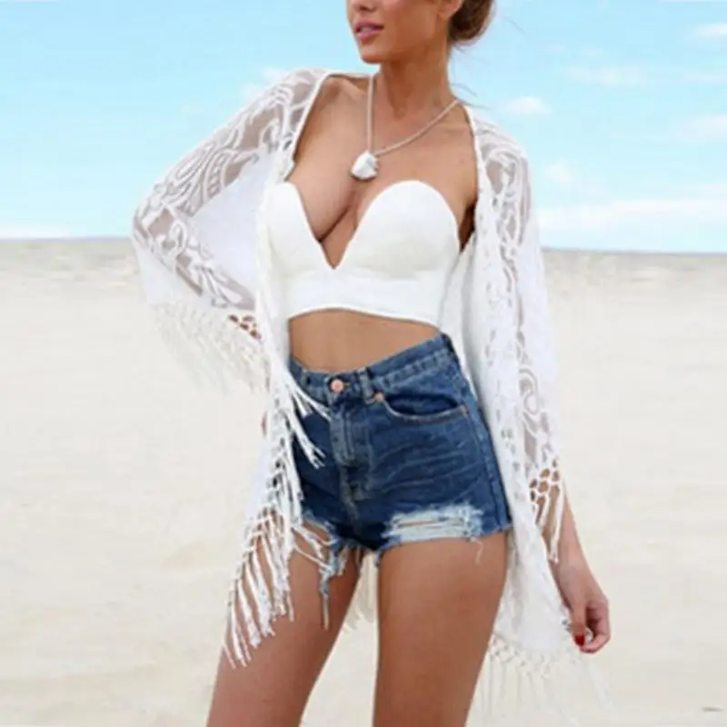 Лето 2019 женская Пляжная накидка топы длинные блузки женские богемные кружевные