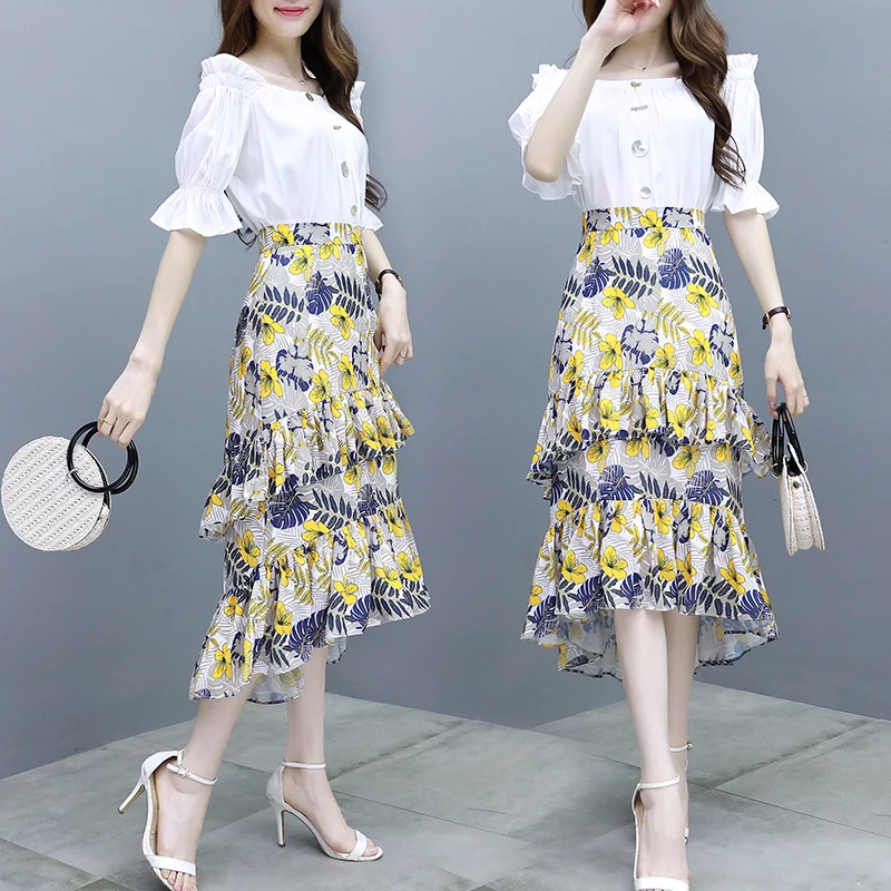 

two pcs clothing set women sweet wear design Korean fashion suits summer new white chiffon top & long ruffle skirt vestidos