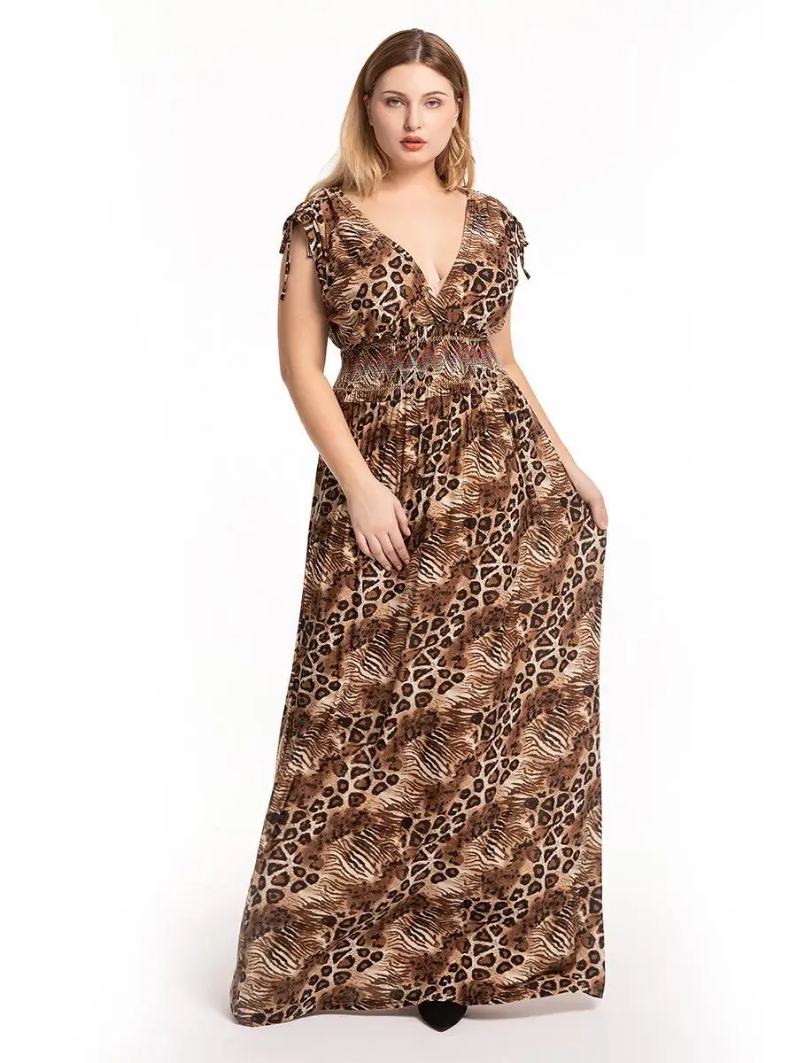 Plus Size Leopard Print Long Maxi Boho Dress Women Holiday Party Dresses Sleeveless Summer V-neck Floor-Length New XL-7XL | Женская