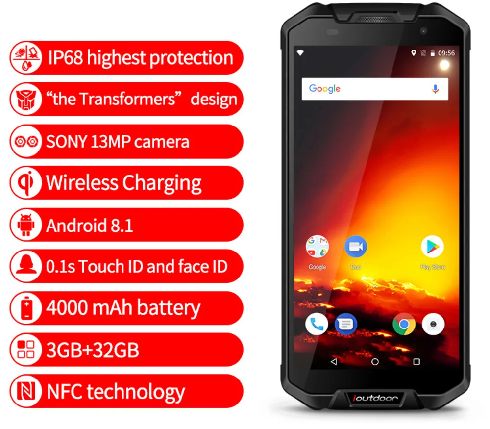Ioutside Polar3 водонепроницаемый Ip68 4G смартфон 5 &quotHd Android 8 1 3 ГБ + 32 Nfc Face Id 4000 мАч двойная