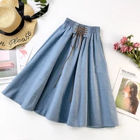 peonfly autumn winter fashion women skirt solid color lace up high waist denim skirt retro pleated midi denim flared skirts