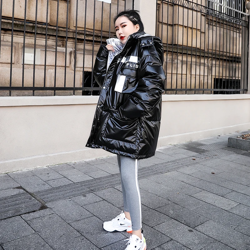 Блестящая Черная Женская куртка зимнее пальто 2019 Толстая теплая парка с