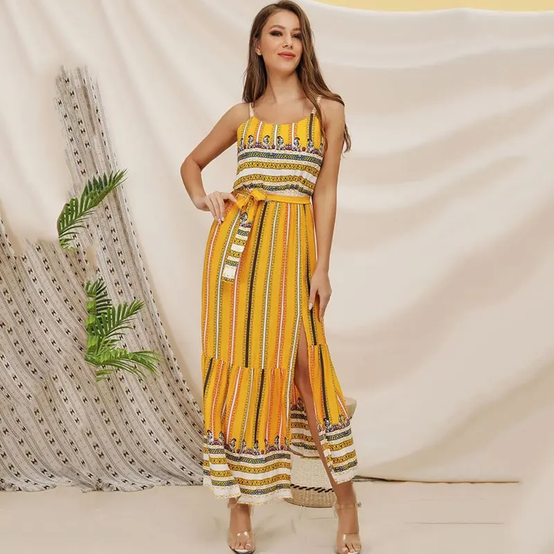 Летнее пляжное платье для женщин Boho в полоску Желтый шик праздник Сексуальная