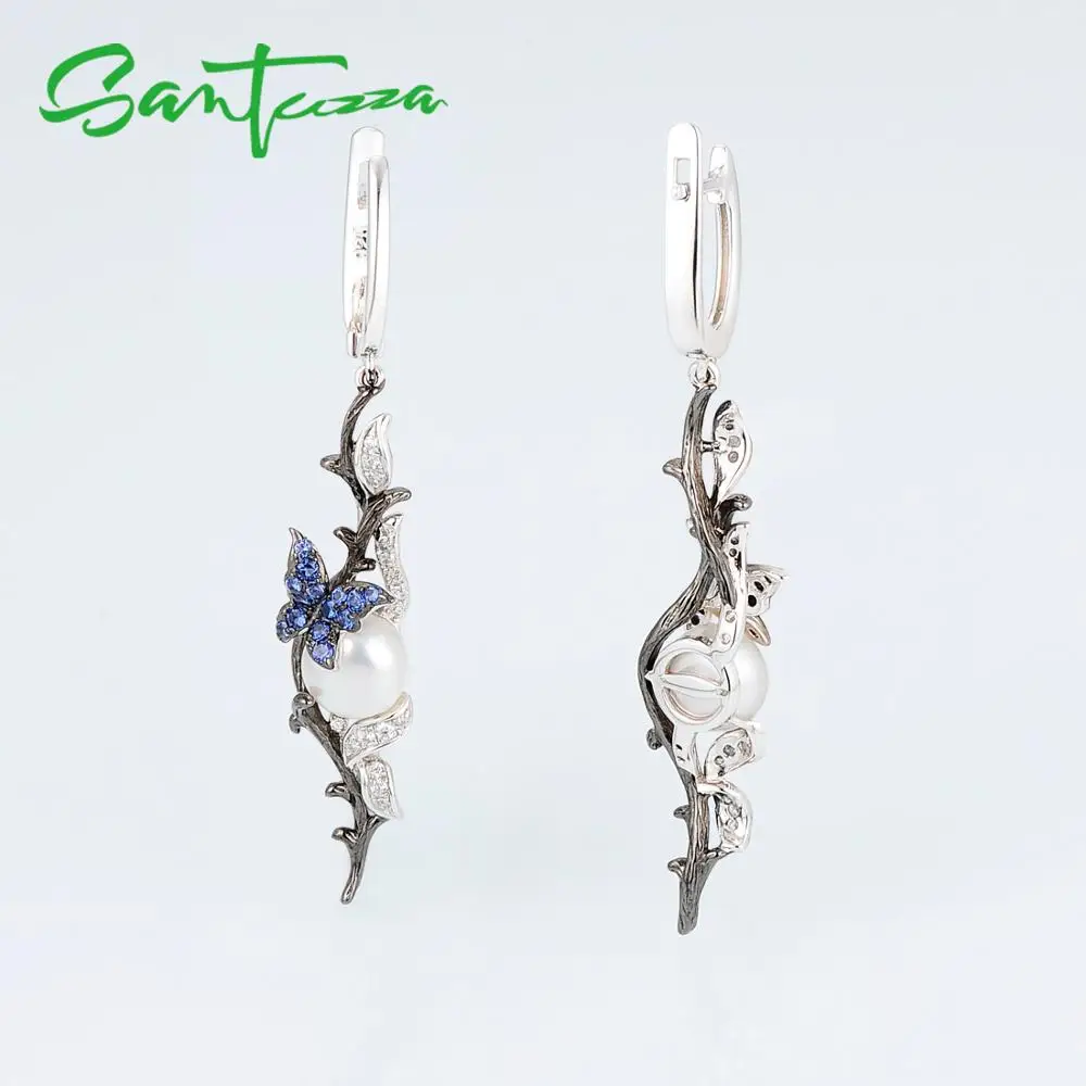 Женские серебряные серьги SANTUZZA 925 висячие из серебра пробы с синей бабочкой белым