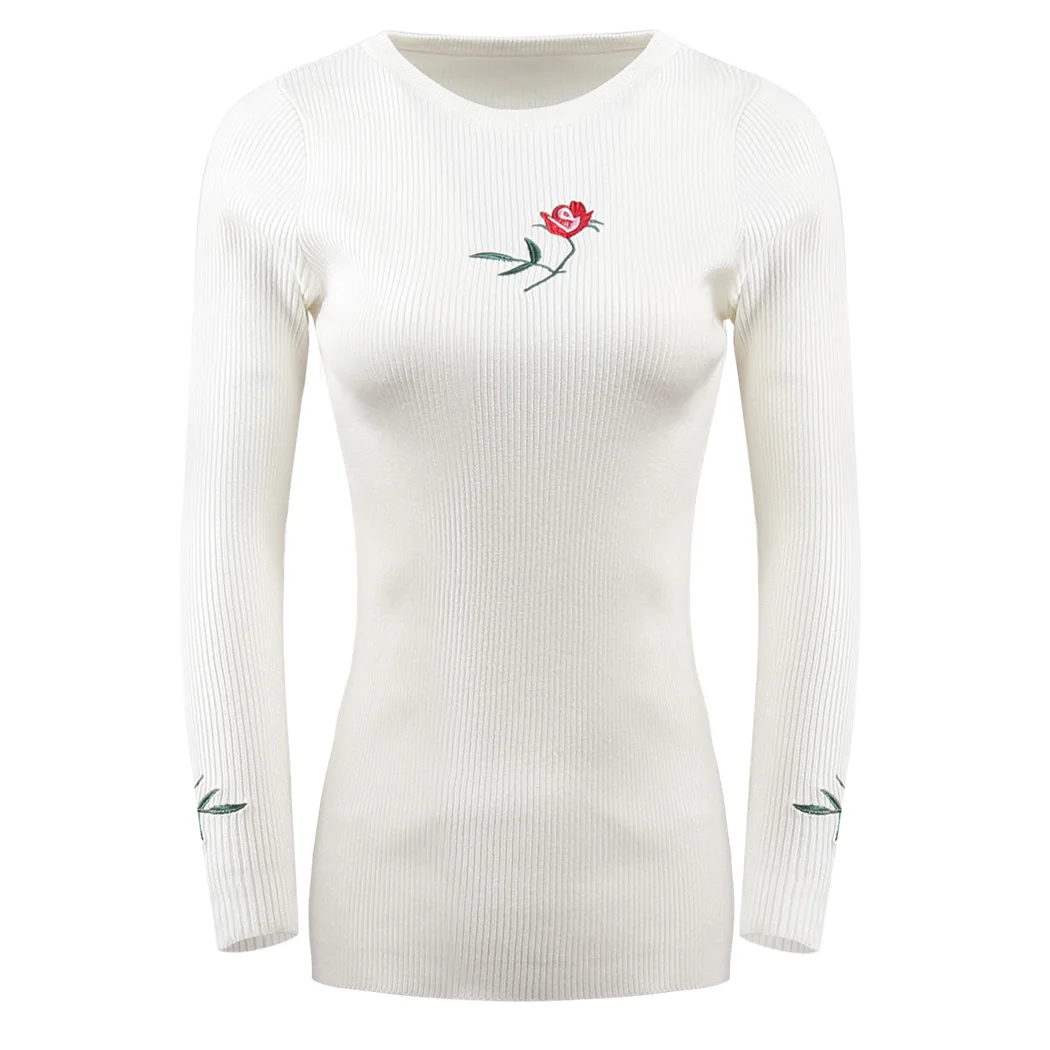 Fashion Ladies Knitted Sweater And Pullovers Floral Embroidery Famale Elastic Slim Sweaters Tops Basic Jumper Pull Femme Hiver | Женская