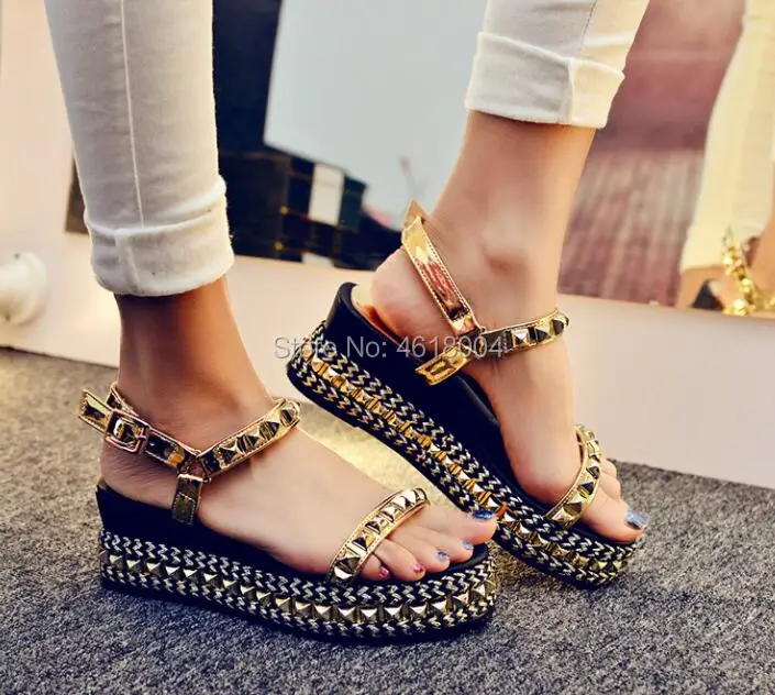 KALMALL Party Shoes Women Platform Sandals Rivets Studded Thick Wedge Heels Buckle Strap Spike Gladiator Casual Sandalias Mujer | Обувь