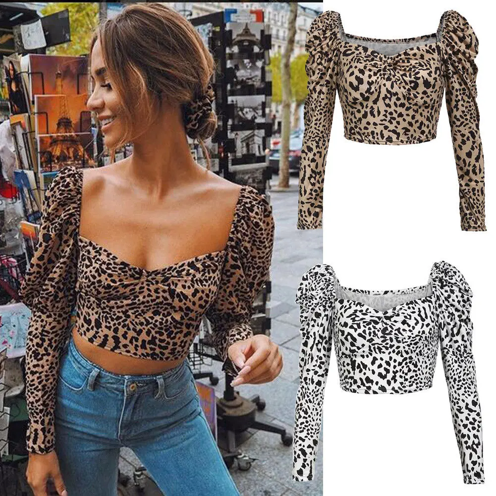 

Women Long Sleeve Leopard Crop Tops Ladies Bandage Slim Tank Tops Sexy Night Club Clothing