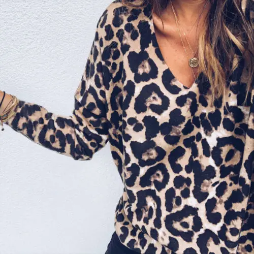 

Women V Neck Leopard Printed Long Sleeve Blouse Ladies Casual Clubwear Shirt Top