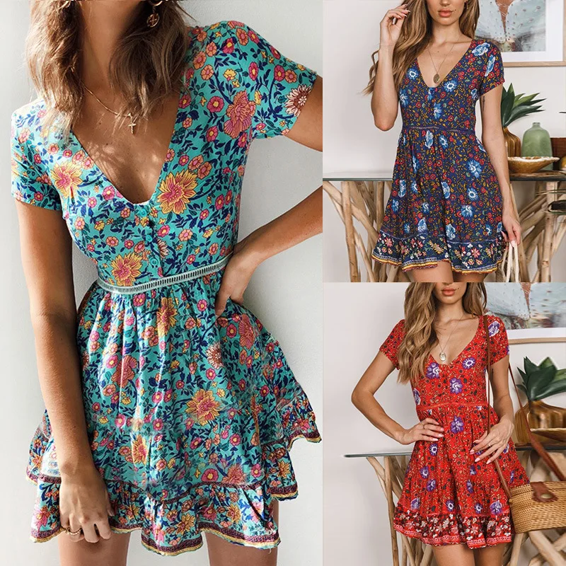 Женское пляжное платье с v образным вырезом и цветочным принтом Wipalo повседневное