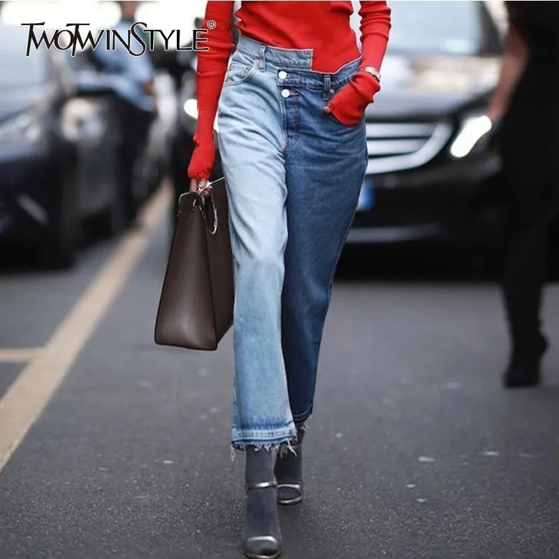 TWOTWINSTYLE Асимметричные джинсовые брюки в стиле пэчворк для женщин высокая талия