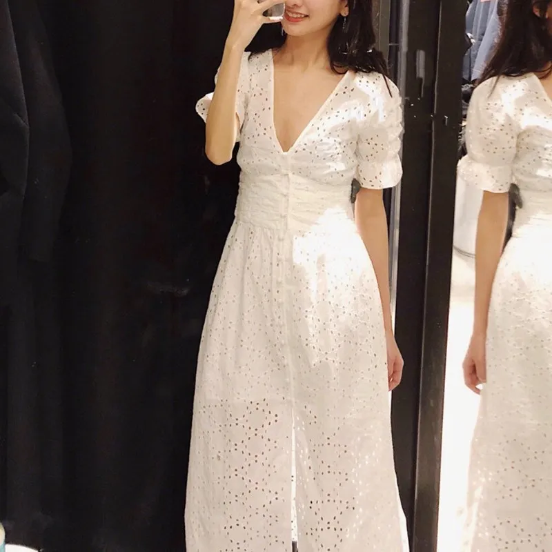 Женское длинное платье-туника белое Повседневное с высокой талией и треугольным