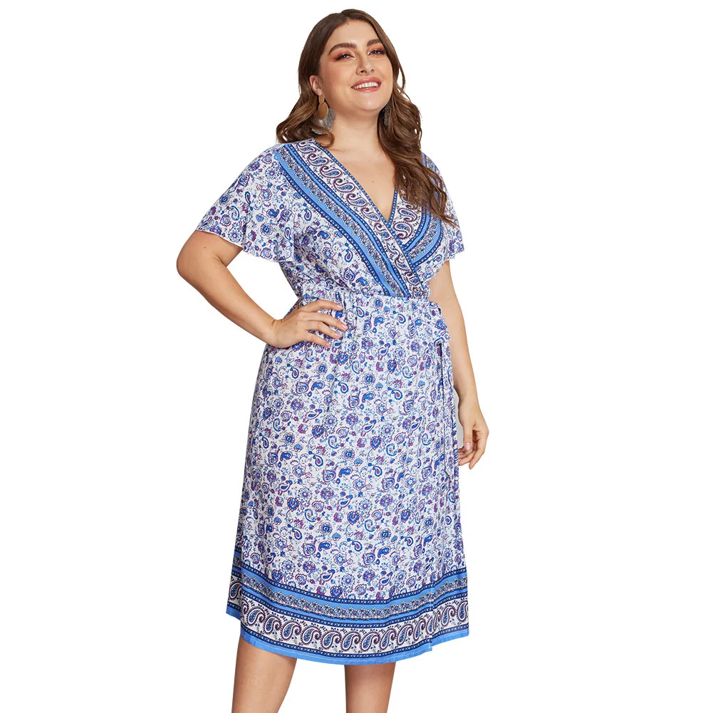 MagicPark XL-4XL Women Dresses Blue V Neck 2019 Short Sleeve Plus Size Original Design Print Floral Womens Clothing | Женская одежда