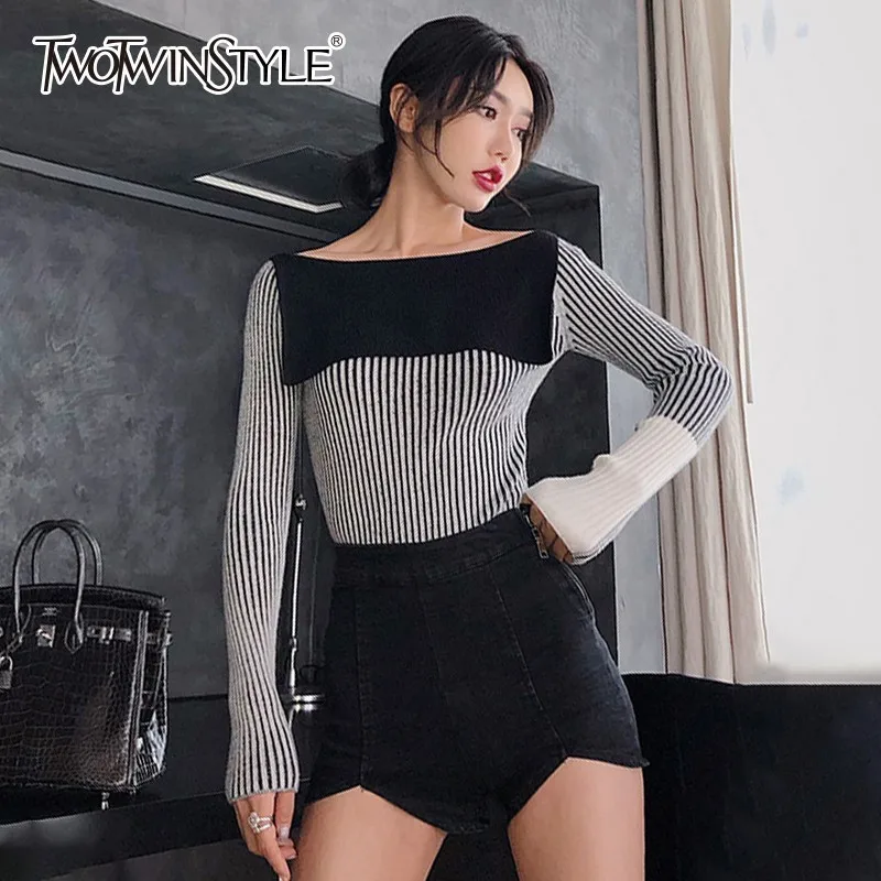TWOTWINSTYLE Slash шеи полосатый Женский свитер с длинным рукавом хит цвета пэчворк Осень