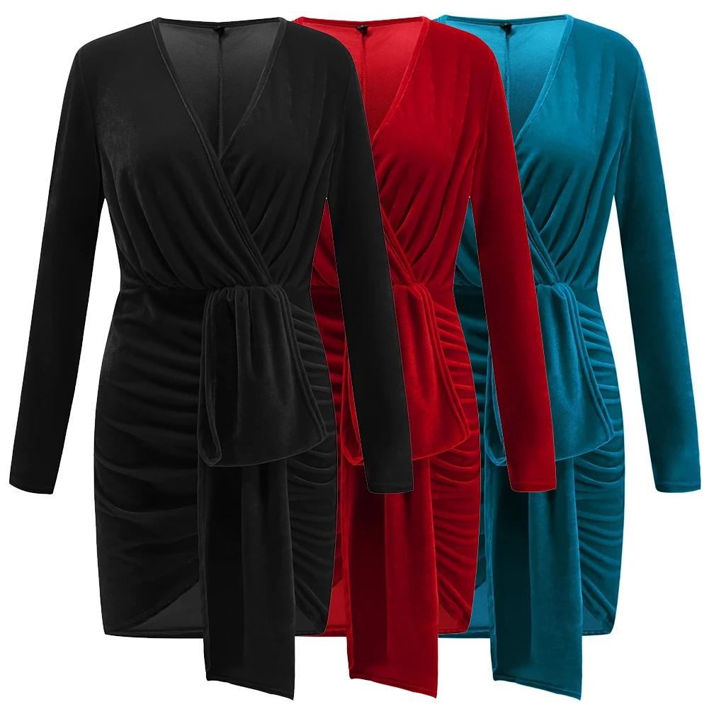 Модное бархатное женское платье с v-образным вырезом и длинным рукавом Клубное