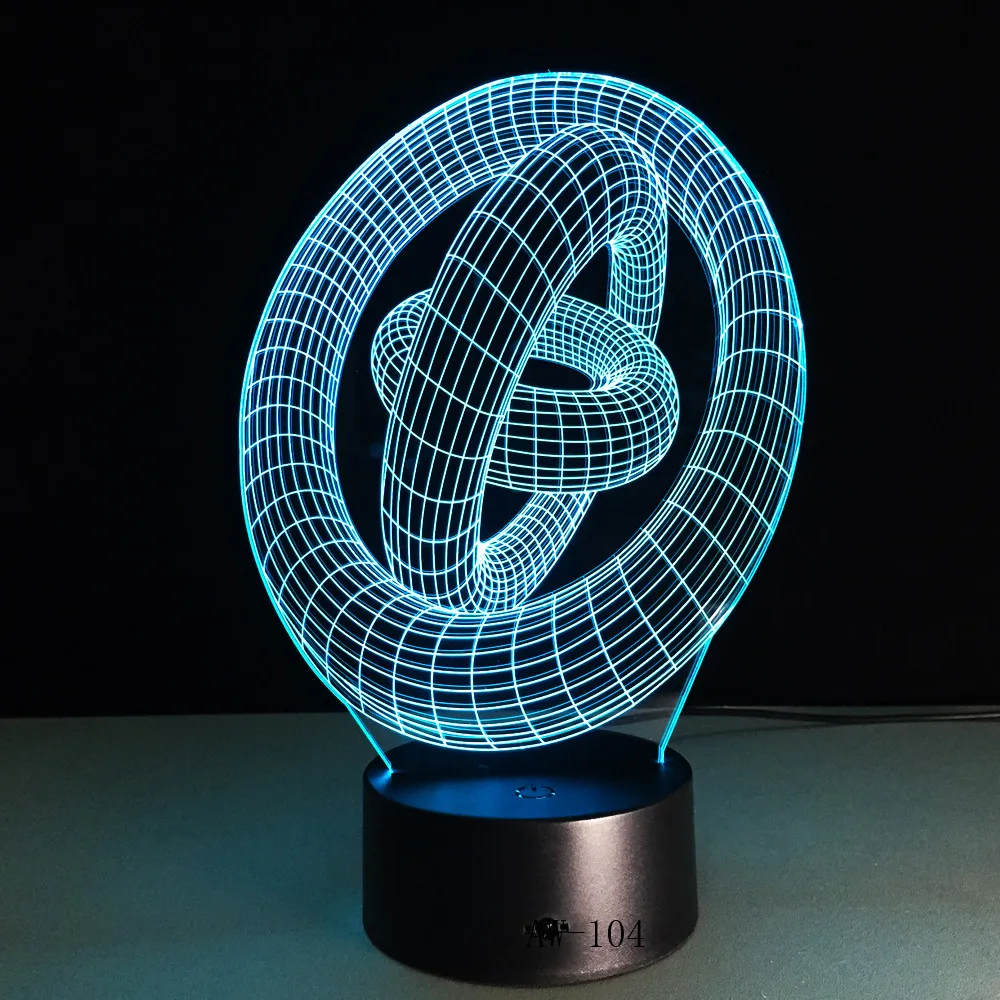 Три кольца Форма 3D Светодиодная настольная лампа 7 цветов Изменение светильник