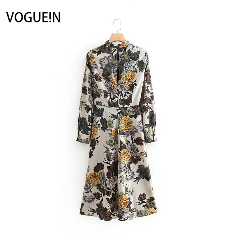Женское платье миди VOGUEIN винтажное модное с цветочным принтом и длинным рукавом