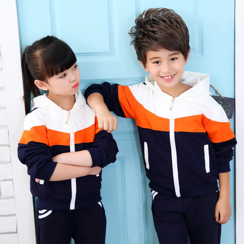 

Kids spring autumn new stitching long-sleeved student suit cotton hooded shirt + pants 4-16 boys girls clothes