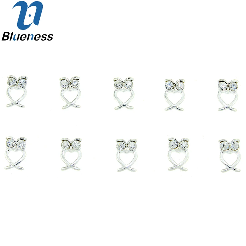 Blueness 10Pcs/Lot 3D Silver Alloy Hollow Owl Design Nail Art Crystal Rhinestones Decorations For Charms DIY Manicure TN1687 | Красота и