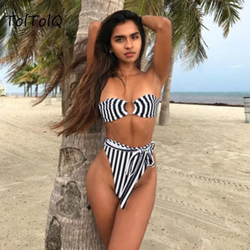 TolTolQ 2019 Stripe High Waist Blue Sexy Fashion Women Bodysuits Suits Beachwear Summer Sandywear Beach Playsuits | Женская одежда