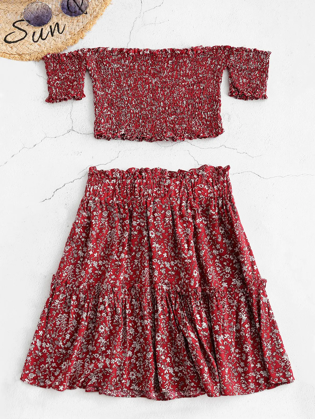 ZAFUL Smocked Floral Print Top And Skirt Women Set Clothing Summer Off The Shoulder Short Sleeves Ruffles Crop Skirts Suit |