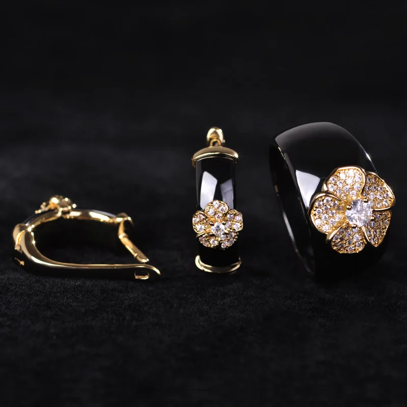

Blucome Bridal Jewelry Sets Black Ceramic Zircon Flower Wide Rings Copper Rhinestones Stud Earrings Ring Set Women With Gift Box