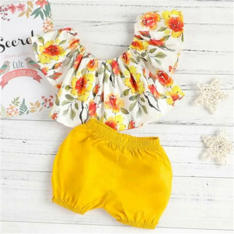 0-36M Baby Girls Clothes Set Off Shoulder Rompers Floral Print Sleeveless Shirts For Yellow Pants Child Newborn | Детская одежда и