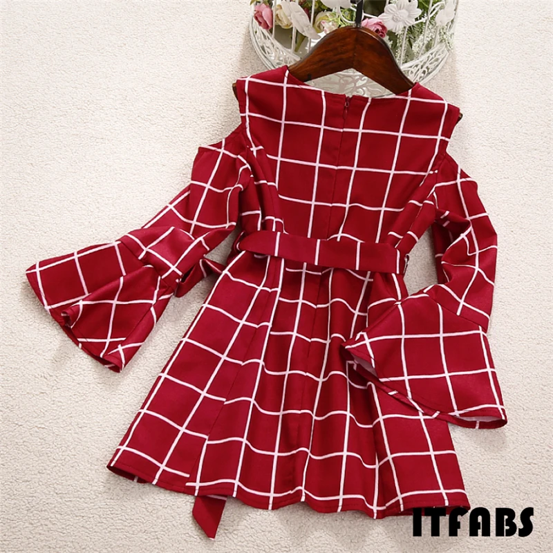 Family Matching Clothes Dress Mother and Daughter Women Cold Shoulder Girls Round Neck Red Plaid Dresses Costume 1PC | Мать и ребенок