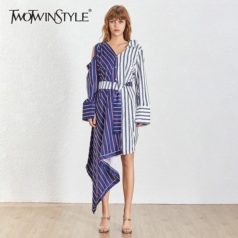TWOTWINSTYLE Лето 2019 г. Сексуальная рубашка в полоску платье для женщин V средства ухода