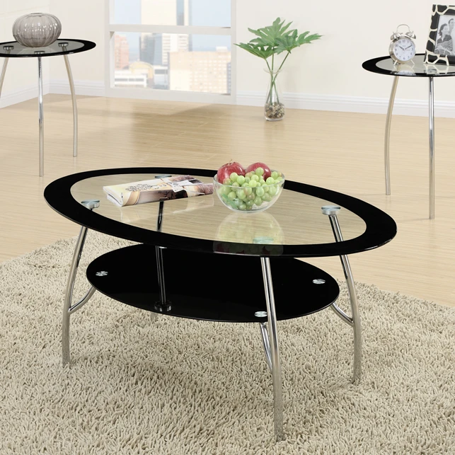 Oval Black Edge Glass Top 3 Pieces Coffee End Table Set |