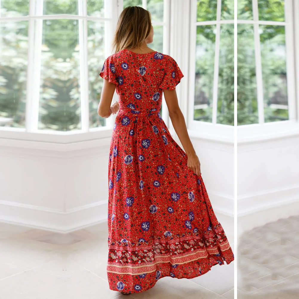 2019 Summer Dress Women Fashion Printing V-neck Short Sleeve Woman Bohemian A-Line Long Dresses Beach Sexy N57 | Женская одежда