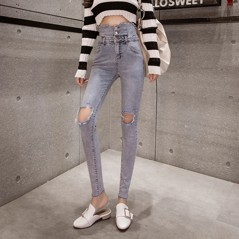 2019 Ripped Jeans Women Tight Skinny Woman Stretch Jean Female Trousers Korean tight hole little pencil pants | Женская одежда